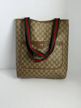 Gucci GG Supreme Monogram Canvas Tote Bag Sherry Web Stripe Handles